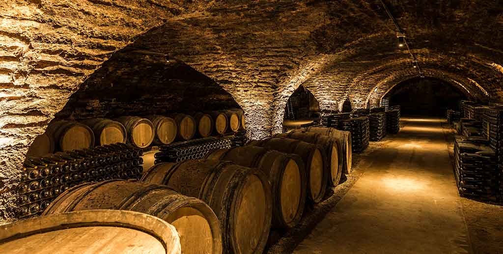 Cantina a volte con botti per invecchiamento